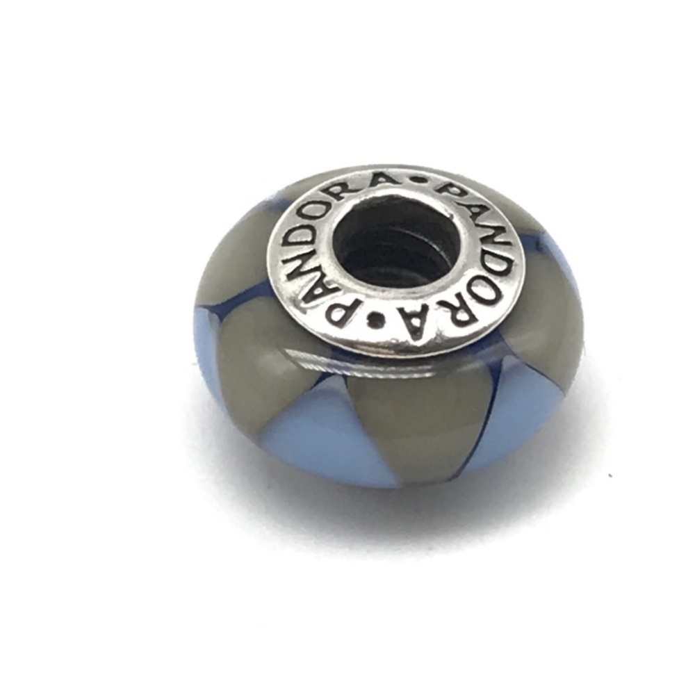 Pandora Blue and Gray Triangle Murano Glass Bead/Charm with Silver Accent